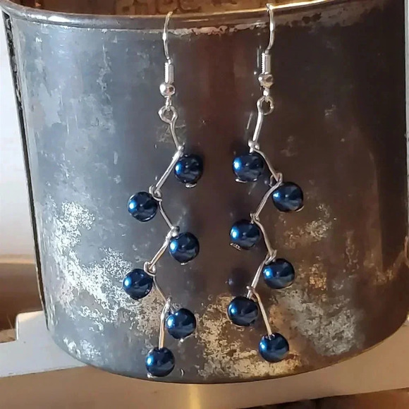 Hand Crafted Blue Glass Pearl Long Zig Zag Geometric Dangle Earrings - Picture 6 of 8